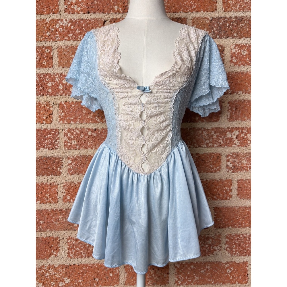 Vintage Blue Lace Babydoll Chemise Lingerie M Halloween Costume Coquette Ballet